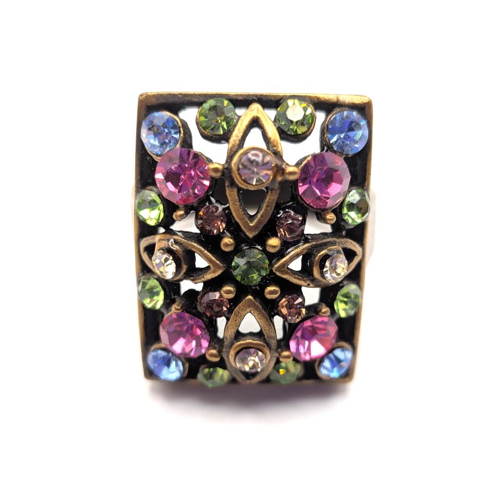 Vintage Multicolor Rhinestone Statement Cocktail Ring Gold Tone Size 8